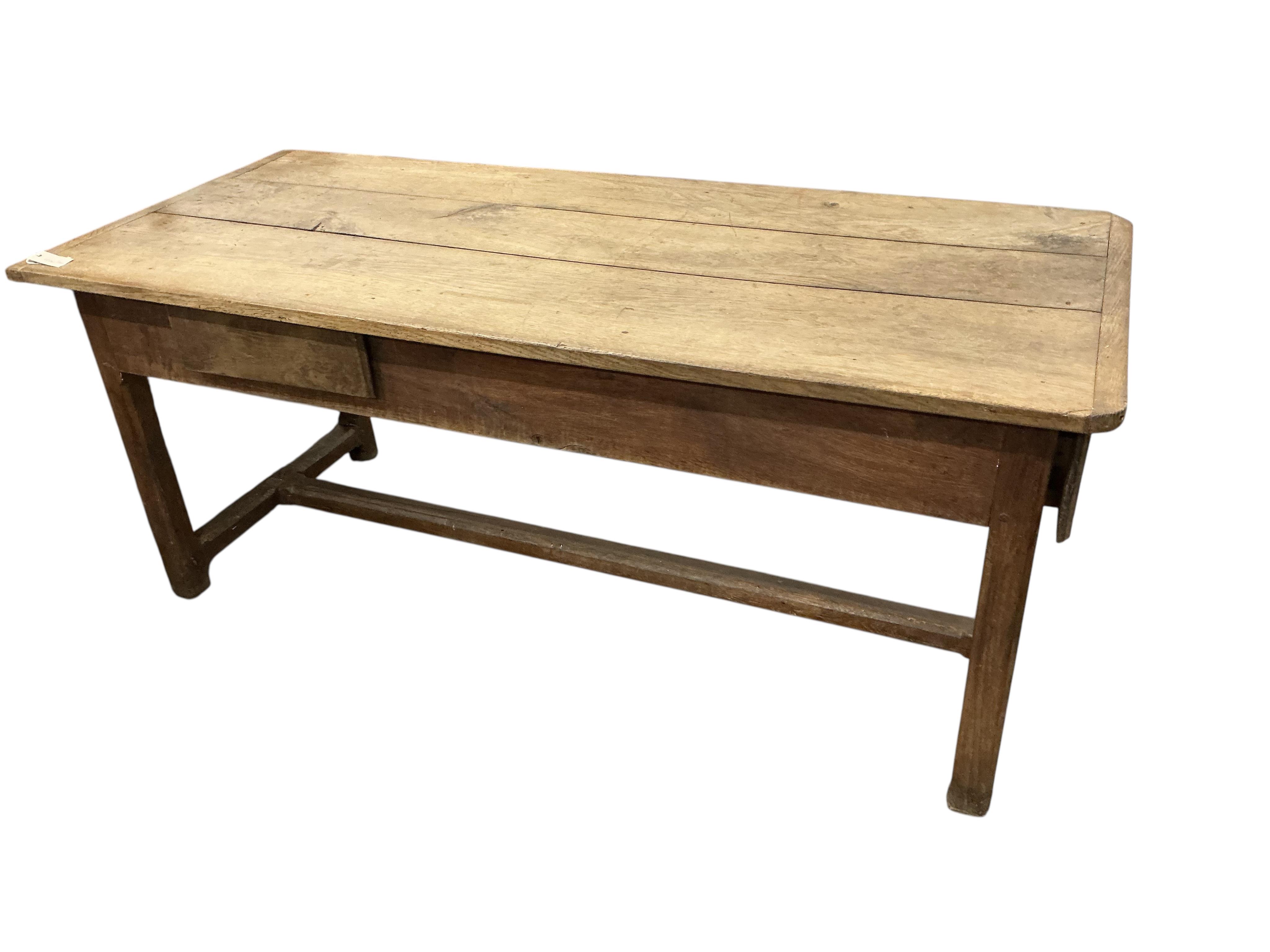 A 19th century French two drawer oak kitchen table, width 174cm, depth 75cm, height 73cm